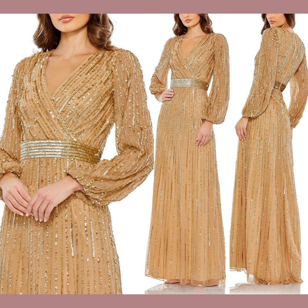 NWT $598 Mac Duggal [ 4 ]‎ 5718 Sequined Wrap Over Puff Sleeve Gown Gold #Q933